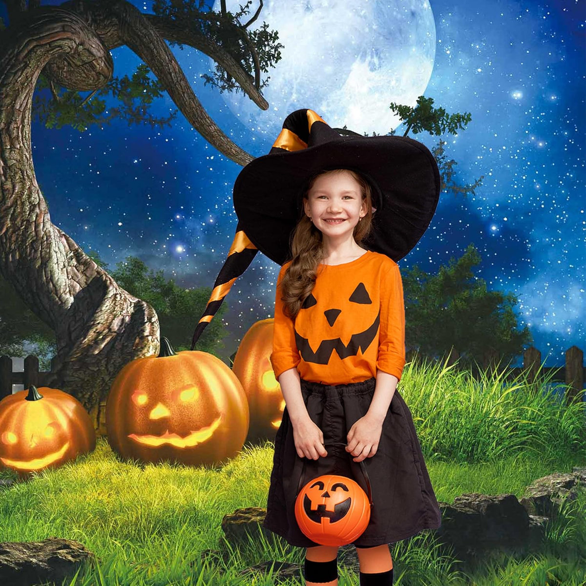 8x10FT Halloween Backdrop for Photography Grass Pumpkin Moonlight Decoration for Portrait Background Party Banner Photo Booth Shoot Props