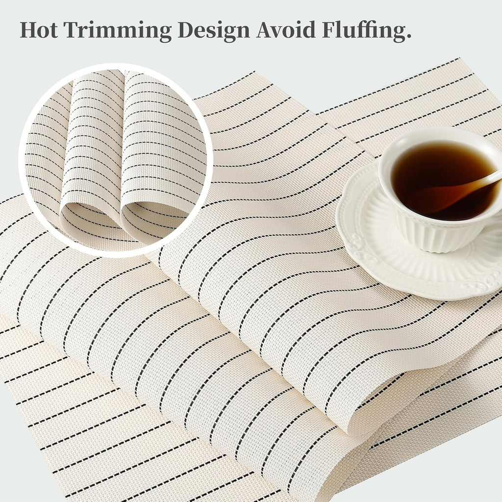 Leetaltree White with Black Stripes Placemats Set of 12 - Heat Resistant Non-Slip Place mats for Dining Table, Washable Durable PVC Vinyl Woven Table Mats（White Stripes, 12）