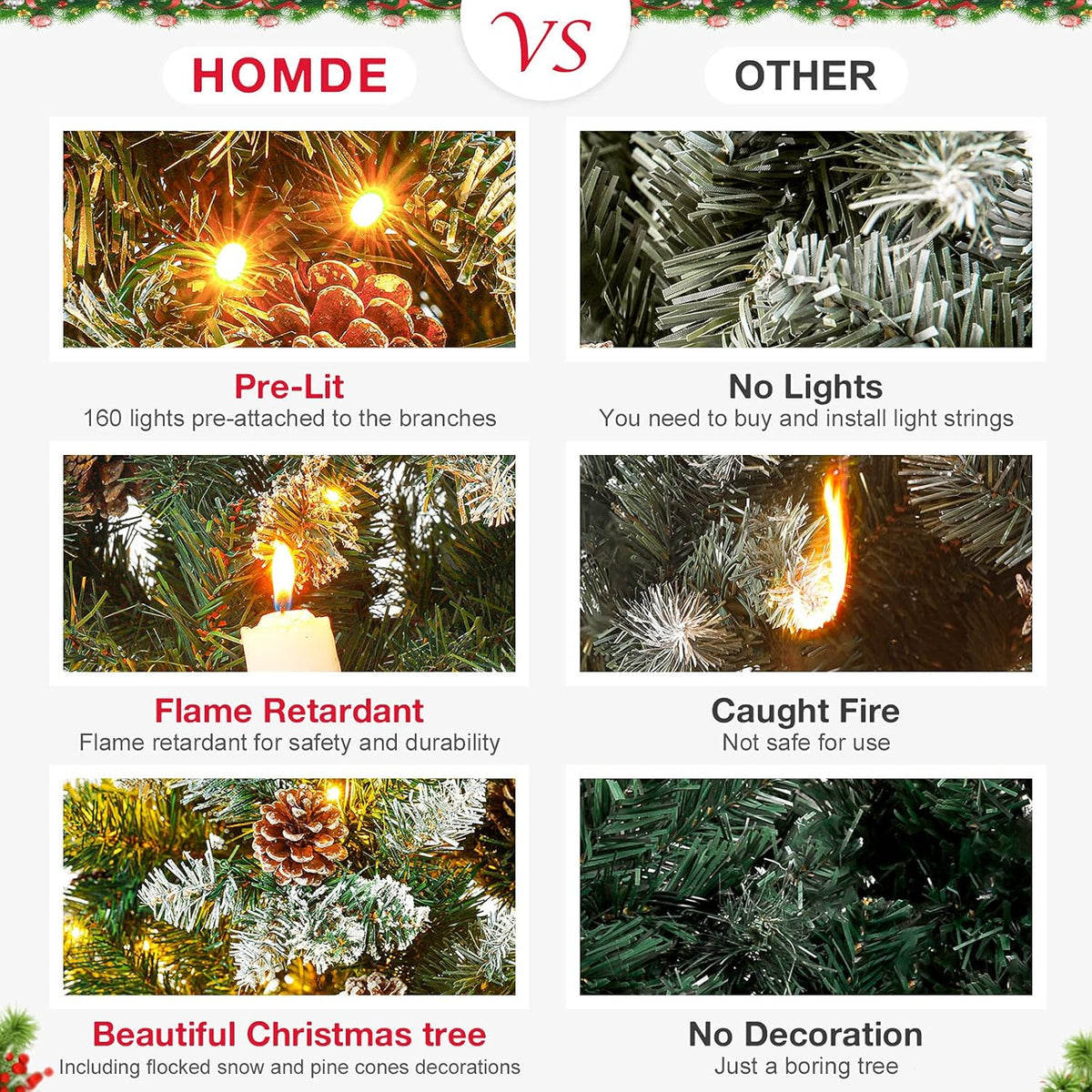 Homde Pencil Christmas Tree 6 Foot Pre-Lit Artificial Christmas Tree with Flocked Snow Pine Cone 160 Warm White Lights Holiday Decor