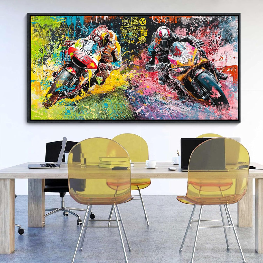 JEAWA Framed Canvas Wall Art - Large Abstract Painting Decor, Motorcycle Racing Color Graffiti Pictures, Modern Art Prints for Bedroom Living Room Bathroom Home Decoration, 29x58 IN