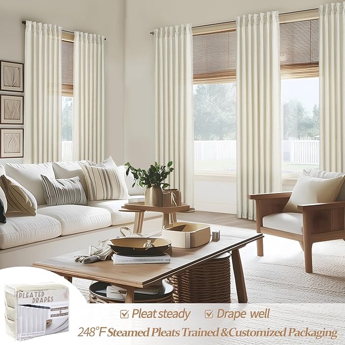 PleatedDrapes Cream Linen Farmhouse 120 Inch Curtains - Image 2