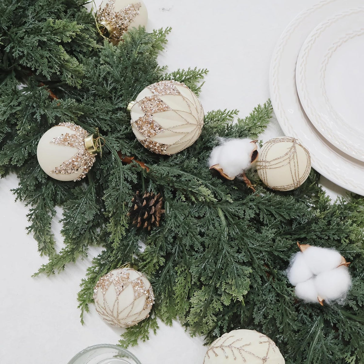 3.15INCH Beige Velvet Ornaments for Christmas Tree, 12PCS Glitter Flocked Christmas Ornaments Decorations Balls Set Decor