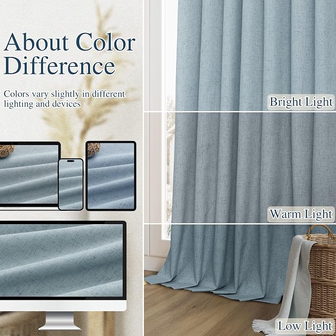 Blue 100% Blackout Linen Curtains 95 Inch Length 2 Panels Set - Image 7