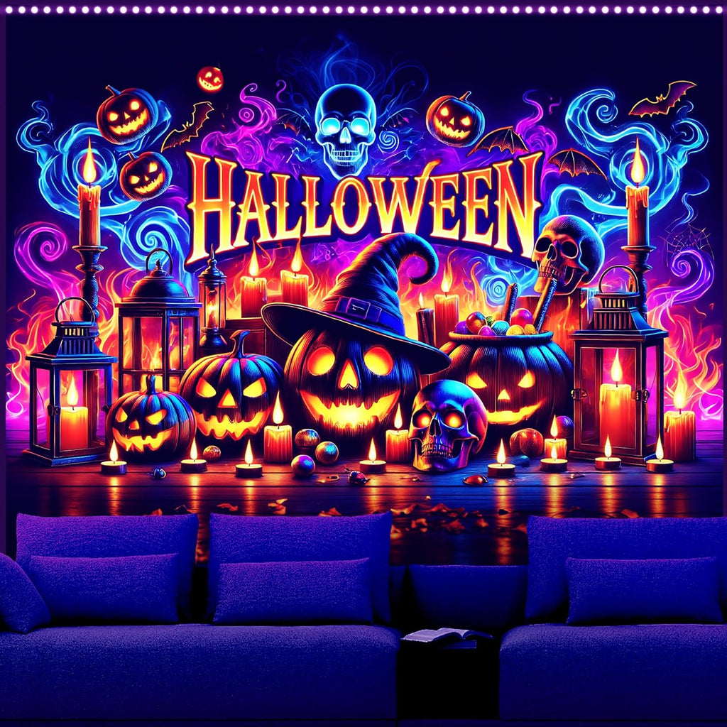 AOHMPT Glow-in-the-Dark Halloween Tapestry - UV Reactive Black Light Wall Hanging Decor for Spooky Parties, Bedroom, Living Room (Pumpkin, 79L x 59W, Unframed)