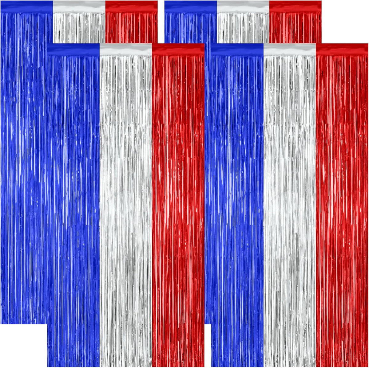 4 Pack 4th of July Decorations, 3.28 FT x 7.05 FT Independence Photo Backdrop, Metallic Blue Silver Red Backdrop Curtains Fringe Curtains Party Streamer, Patriotic Decor Fourth of July Party Supplies