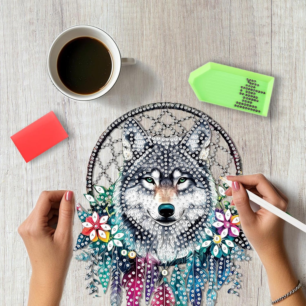 SENQAO Wolf Diamond Art Hanging Kit for Adult, Special Shaped Rhinestone, Double Sided DIY Acrylic Diamond Art Painting Window Pendants Home Garden Wall Hanging Kits Hanging Ornament (Dream Catcher)