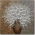 Epicler Hand Painted 3D Oil Painting on Canvas 24x24 inch White Flower Art,Morden Canvas Wall Paintings, Metal Textured Gold and Silver Background White Flower Artwork