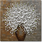 Epicler Hand Painted 3D Oil Painting on Canvas 24x24 inch White Flower Art,Morden Canvas Wall Paintings, Metal Textured Gold and Silver Background White Flower Artwork