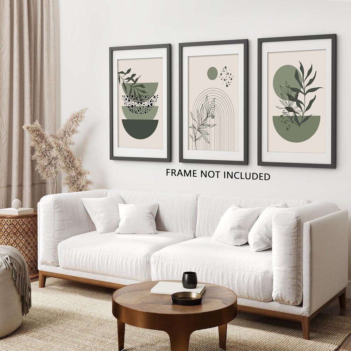 Sage Green Boho Wall Art Set of 3 Abstract Minimalist Geometric Line Poster Green Botanical Leaf Canvas Prints Modern Artwork Painting Decor for Living Room Bedroom Office 16x24 in Unframed