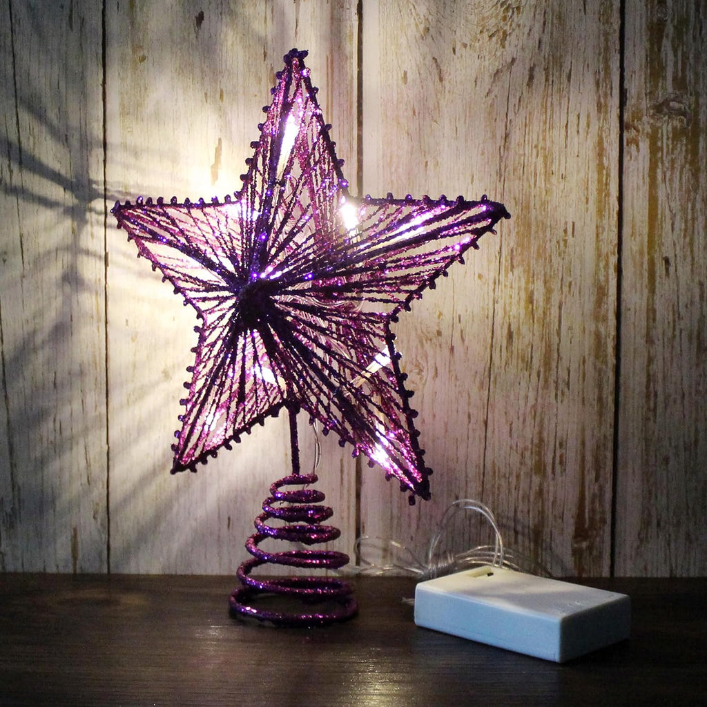 CVHOMEDECO. Violet Glittered 3D Tree Top Star with Warm White LED Lights and Timer for Christmas Tree Decoration and Holiday Seasonal Décor, 8 x 10 Inch