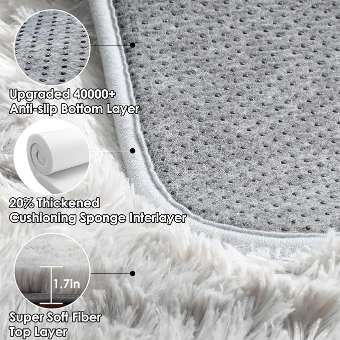 Area Rugs for Bedroom Living Room, 4x6 Tie-Dyed Light Grey Fluffy Shaggy - Image 3