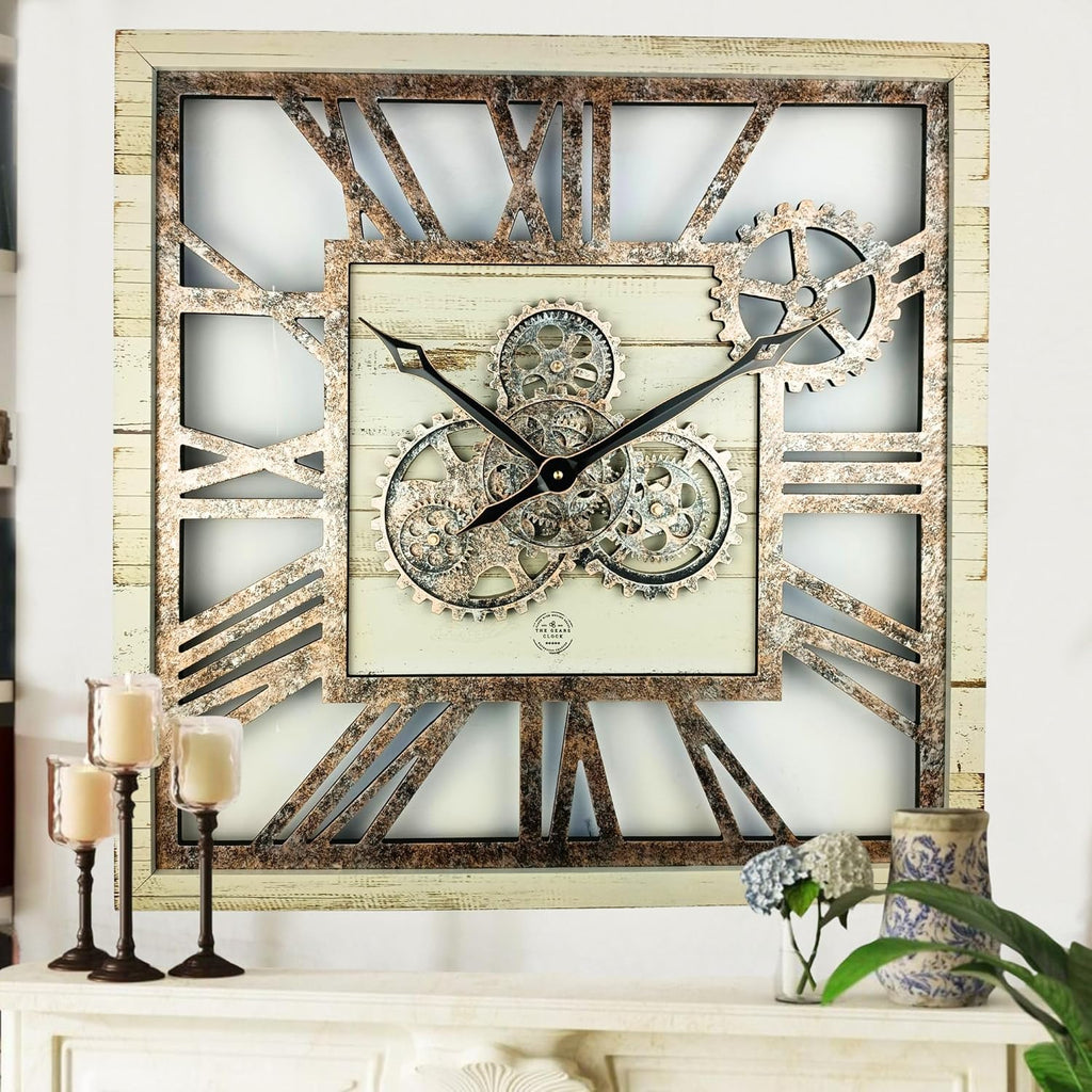 The Gears Clock 24'' Inch Square Real Moving Gear Wall Clock Vintage Industrial Oversized Rustic Farmhouse (Desert Beige)