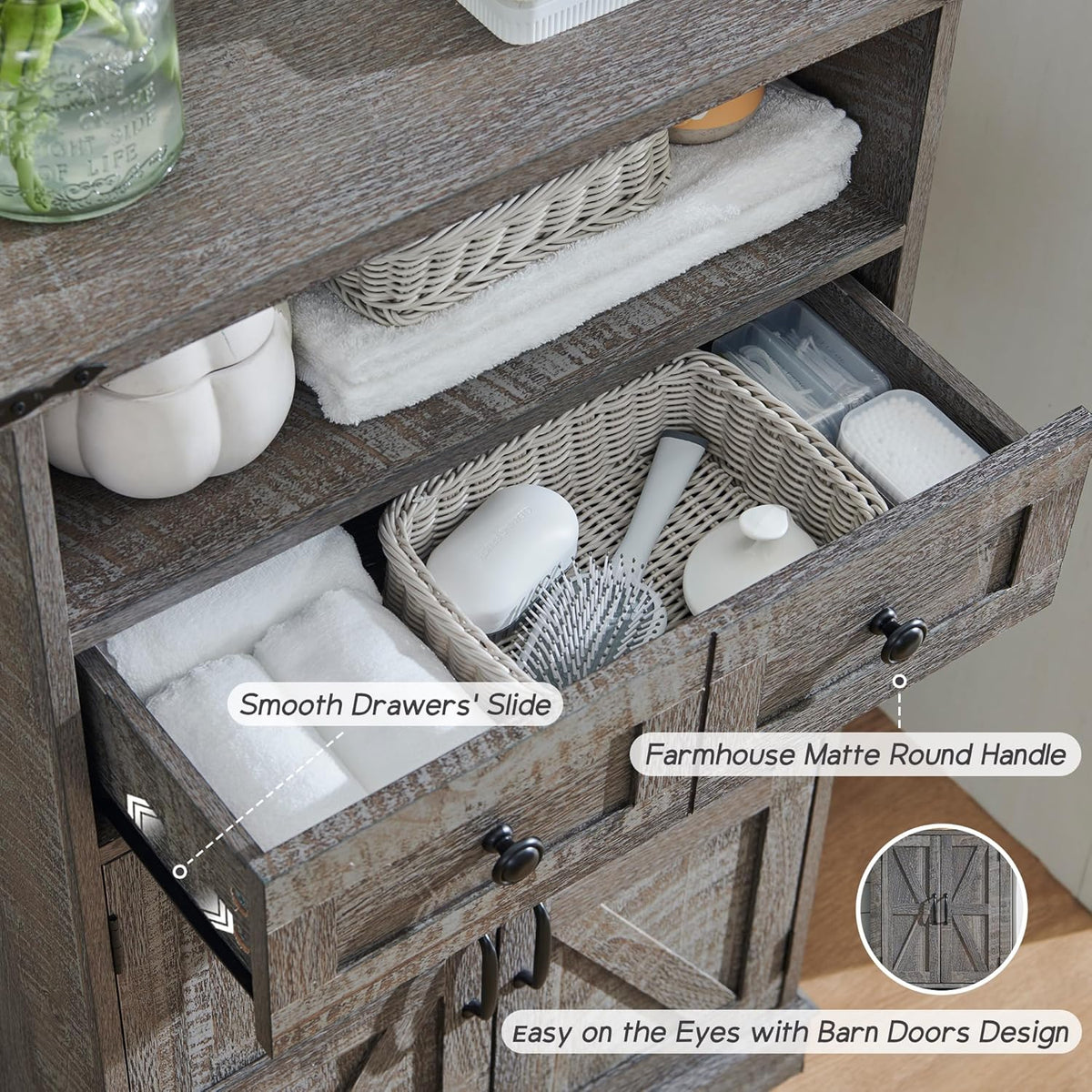 Bathroom Floor Cabinet, Farmhouse 24" Wide Cabinet with Drawer, Adjustable Shelf, Barn Doors, Cabinets for Bathroom, Kitchen, Living Room, Grey Wash