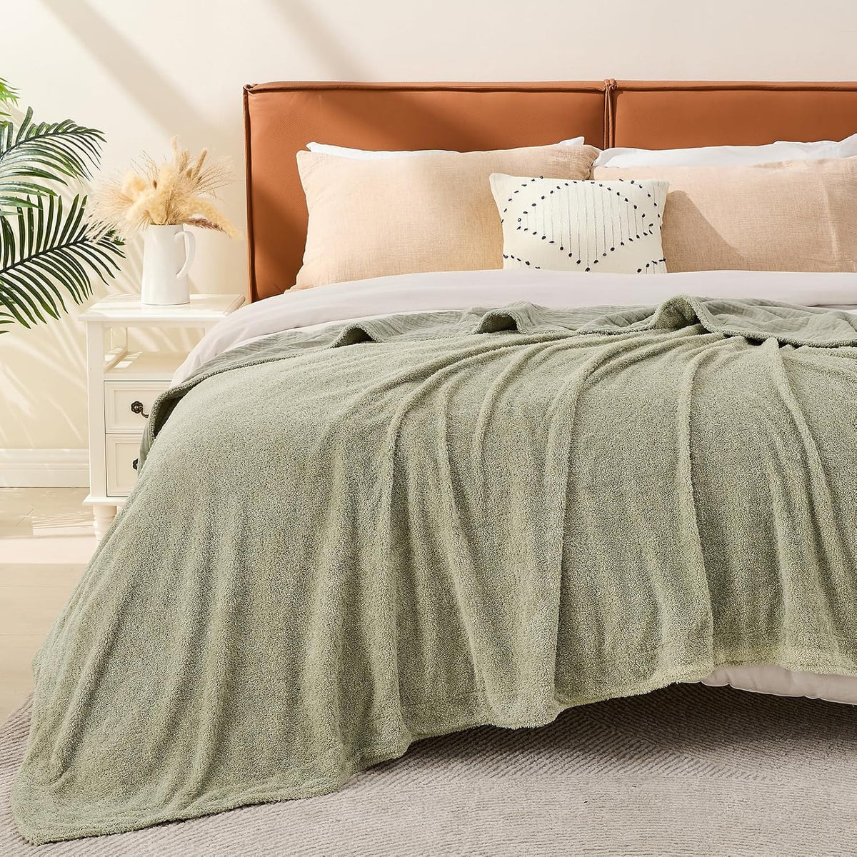 EMME Muslin and Fleece Queen Blanket Reversible - 80"*90" Sage Green Soft Warm Throw Blankets for Couch Bed Picnic Travel Bed
