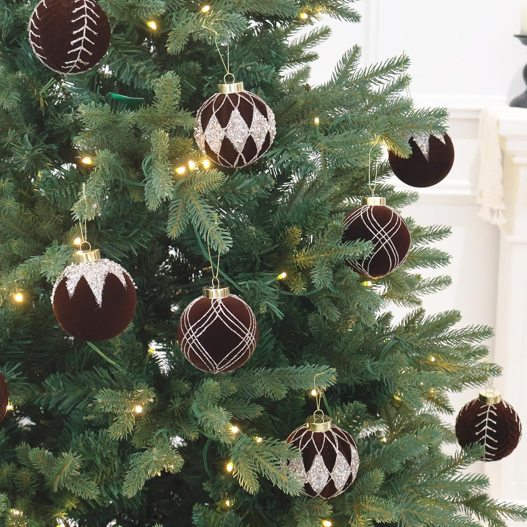 3.15INCH Brown Velvet Ornaments for Christmas Tree, 12PCS Glitter Flocked Christmas Ornaments Decorations Balls Set Decor