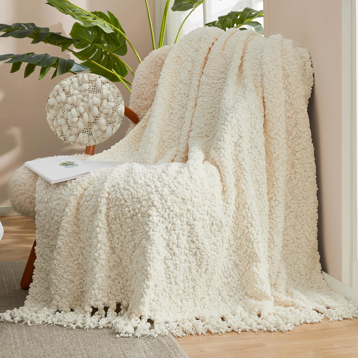 Amélie Home Knit Throw Blanket with Tassels for Couch, Luxury Boho Throw Blanket for Summer Ivory, 50"x60"
