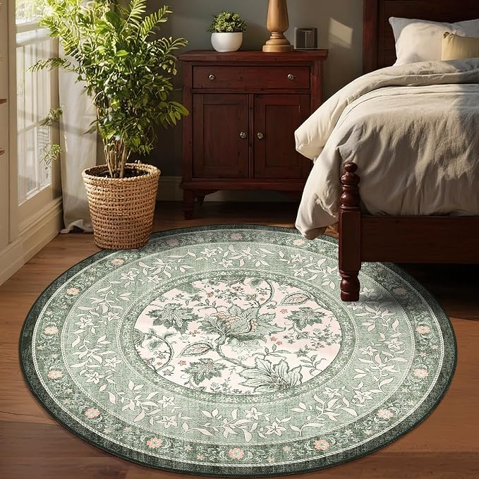 GarveeHome Sage Green Botanical Grove 5ft Round Rug, Small Circle Vintage - Image 3