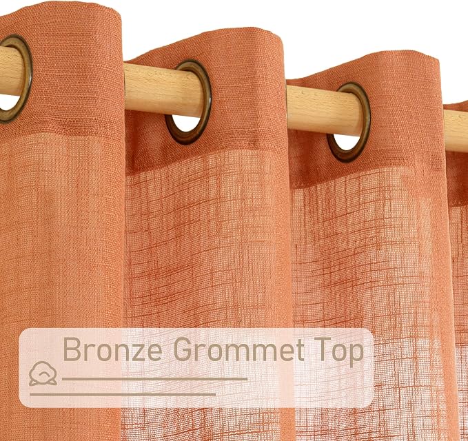 Burnt Orange Sheer Linen Curtains 80 inch Length, Light Filtering Linen Boho - Image 4