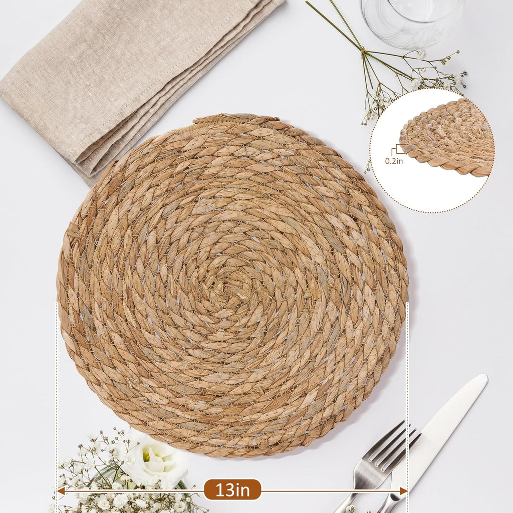 Defined Deco Woven Placemats Set of 10, 13" Round Rattan Placemats,Natural Hand-Woven Water Hyacinth, Farmhouse Weave Place Mats, Rustic Braided Wicker Table Mats for Dining Table, Home, Wedding