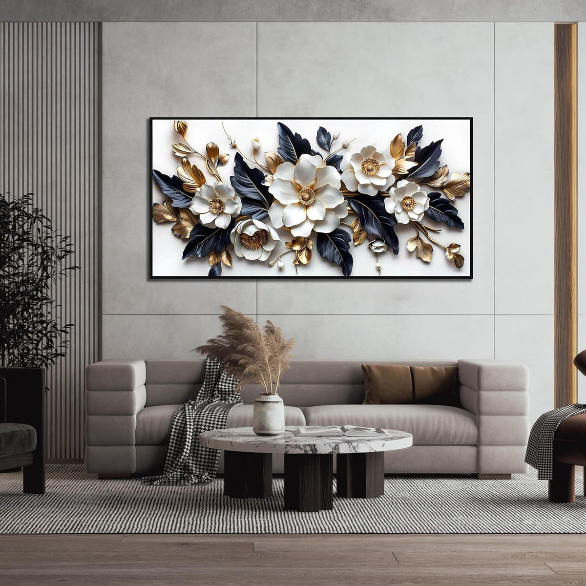 White Flowers Wall Art for Bedroom - White and Gold Wall Art for Office - Framed Wall Art for Living Room Large Size 29" x 59"