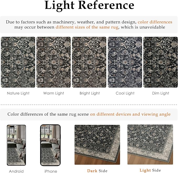 5x7 Black Beige Vintage Floral Washable Area Rug - Image 9
