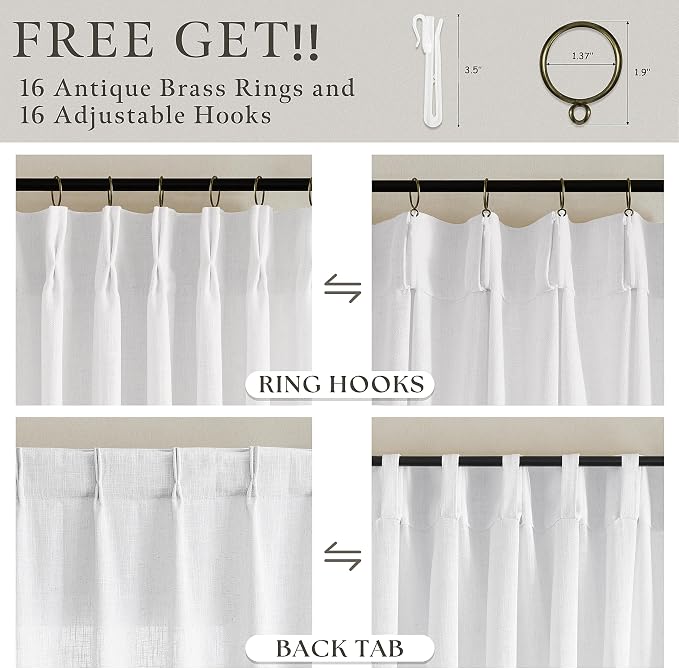 92 Inches White Linen Pinch Pleated Semi Sheer Boho Curtains 50 Inch Wide | - Image 4