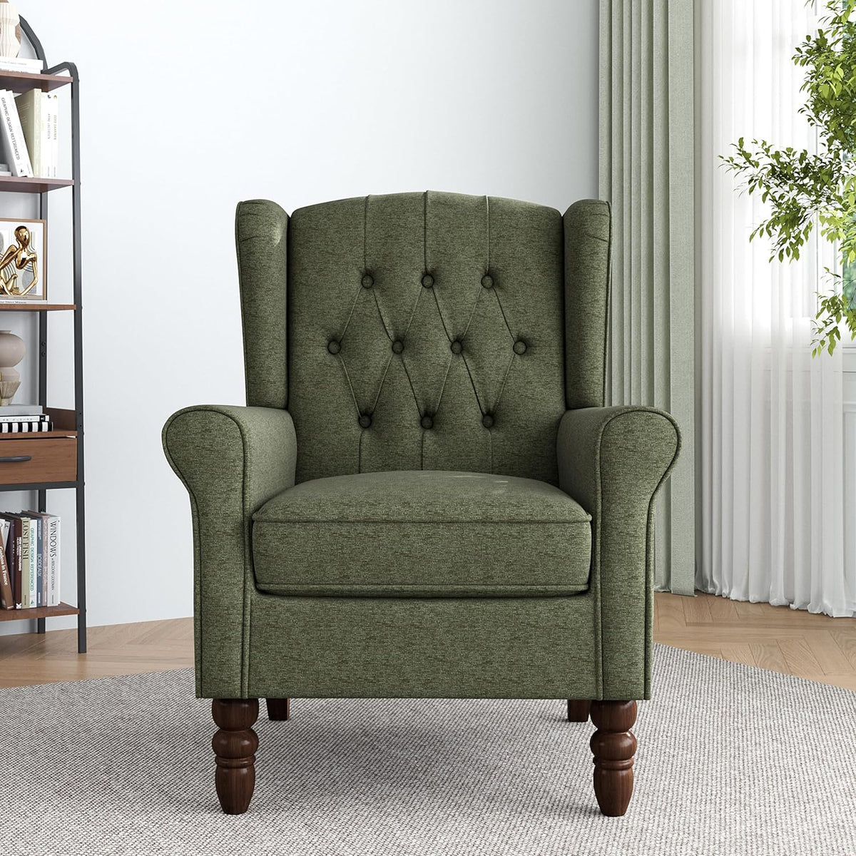 Lumibee High Back Accent Chair,Upholstered Wingback Armchair with Solid Wood Legs for Small Spaces,Comfy Single Sofa Chair for Living Room,Bedroom,Office-Green
