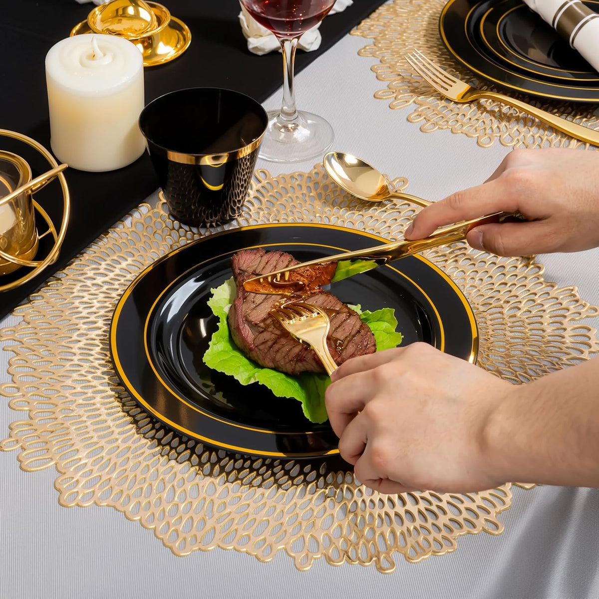 350 Pieces Black and Gold Plastic Plates with Disposable Silverware, Include 50 Dinner Plates 9”, 50 Dessert Plates 6.3”, 50 Black Cups 9 OZ, 50 Pre Rolled Napkins for Halloween new year