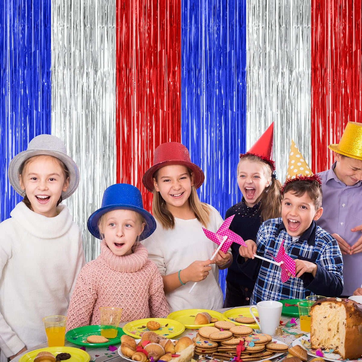 4 Pack 4th of July Decorations, 3.28 FT x 7.05 FT Independence Photo Backdrop, Metallic Blue Silver Red Backdrop Curtains Fringe Curtains Party Streamer, Patriotic Decor Fourth of July Party Supplies