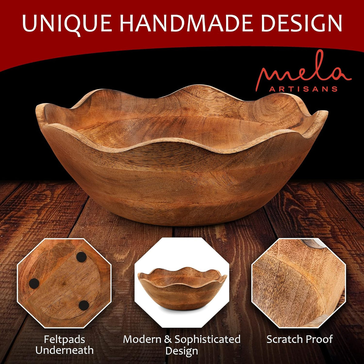 Mela Artisans Wooden Scalloped Bowl - Large | Ruffle Decorative Style | Rustic Kitchen Decor | Mango Wood | Natural Grain Finish | Fits Bread, Fruits, Salad or Popcorn | 12” x 4” x 11”
