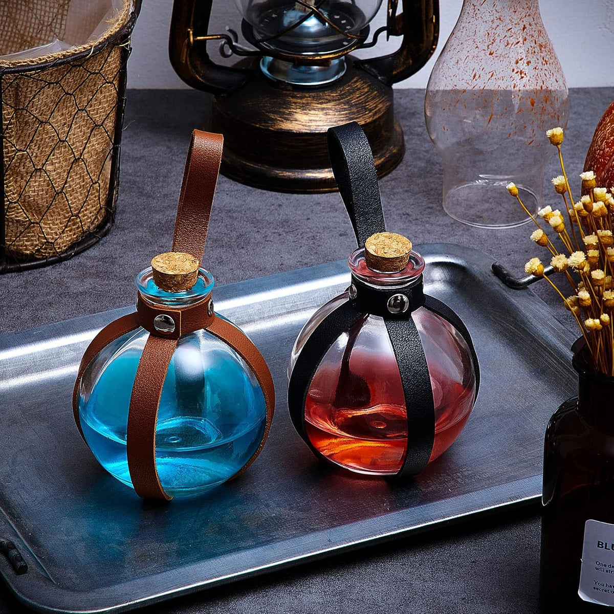 Patelai 6 Pcs Halloween Glass Potion Bottles with Belt Cork Renaissance Witch Costume Accessories Witch Props Potion Bottle for Halloween Party Decor Cosplay DIY Crafts Gift (Black,Brown)