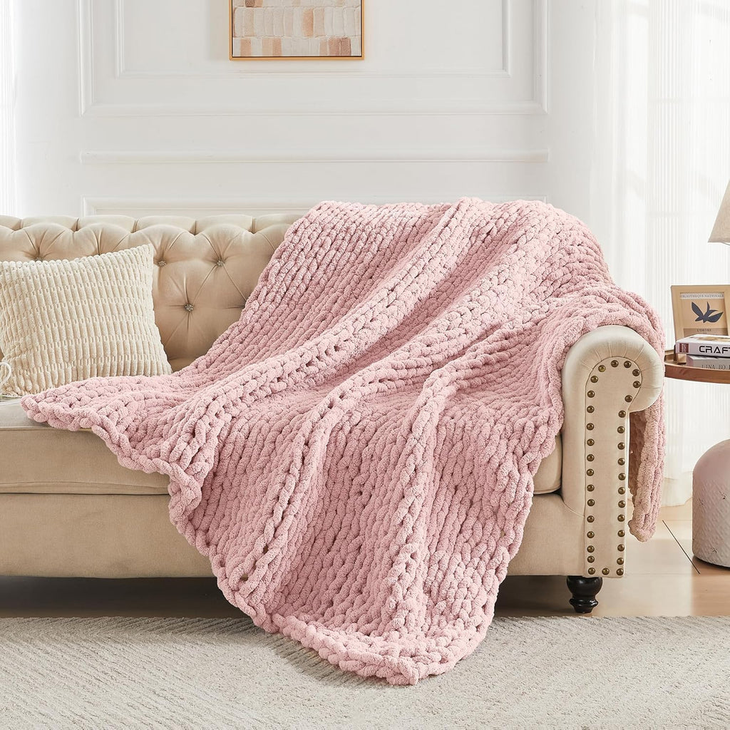 Carriediosa Chunky Knit Throw Blanket 50" X 60", 100% Hand Made Large Chenille Loop Yarn Soft Fluffy Throws for Couch Sofa Bed, Big Crochet Cozy Heavy Thick Cable Woven Blankets, Dusty Pink