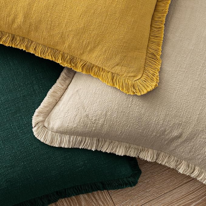 MIULEE Boho Linen Fringe Decorative Euro Throw Pillow Covers Beige 22x22 | Set - Image 4