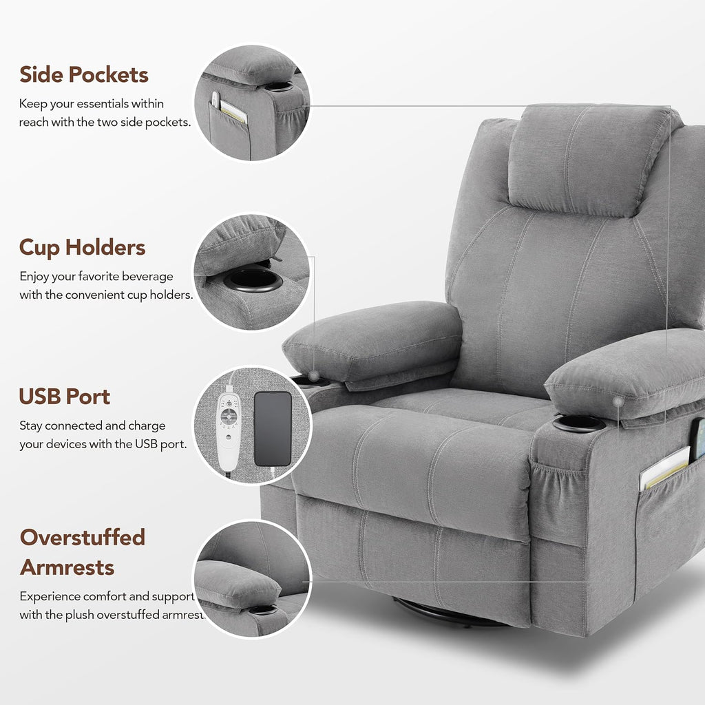 Swivel Rocker Recliner Chair with Heat and Massage, 360 Degree Swivel Recliner Chair with Cup Holders and USB Port, Big Oversized Rocking Single Sofa for Living Room (Fabric, Grey)