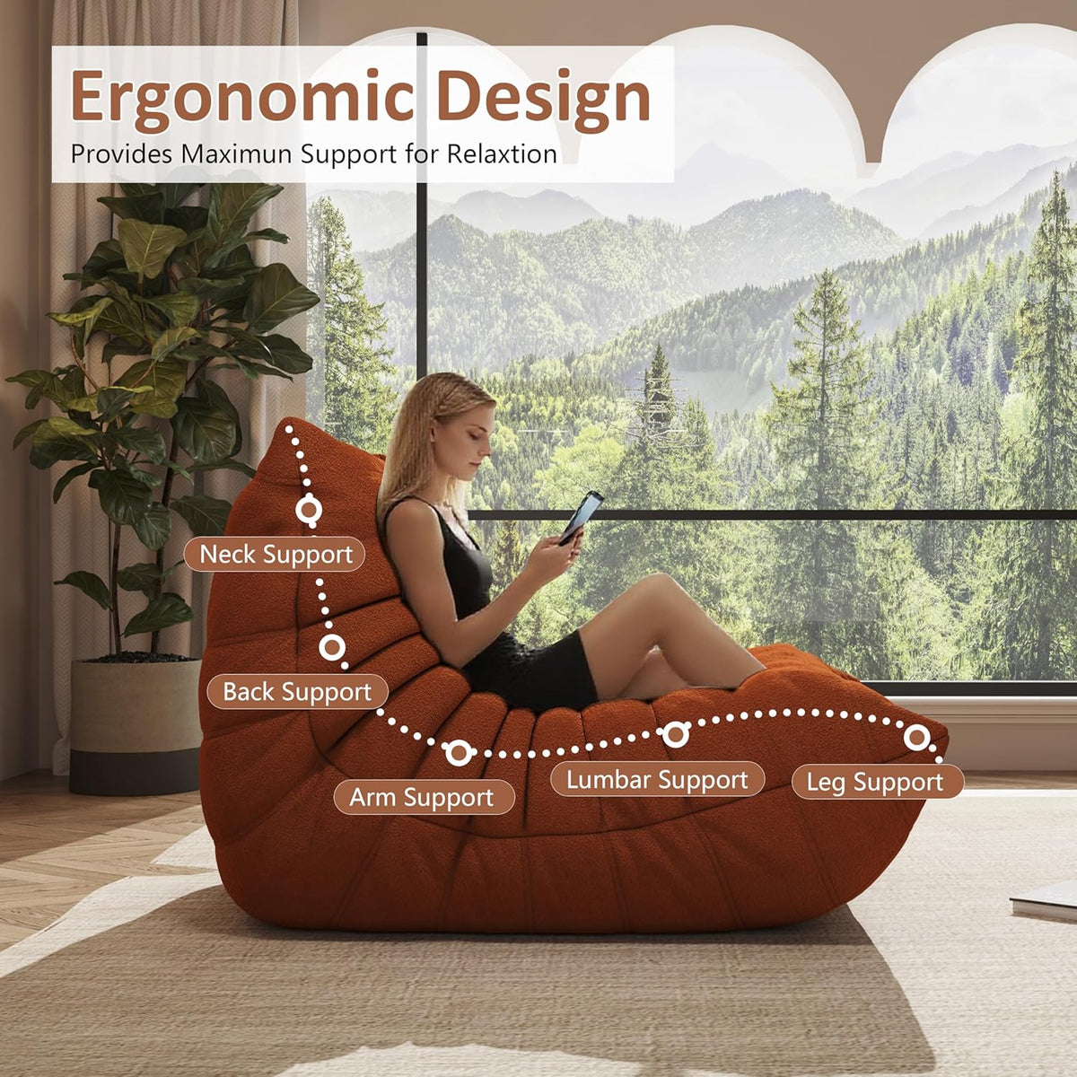 Bean Bag Chair, Oversized Bean Bag Chair for Living Room, Fireside Chair for Adults with Memory Foam Filled, Big Accent Sofa Lounge Floor Sofa for Gaming, Reading, Relax, No Assembly Required(Orange)
