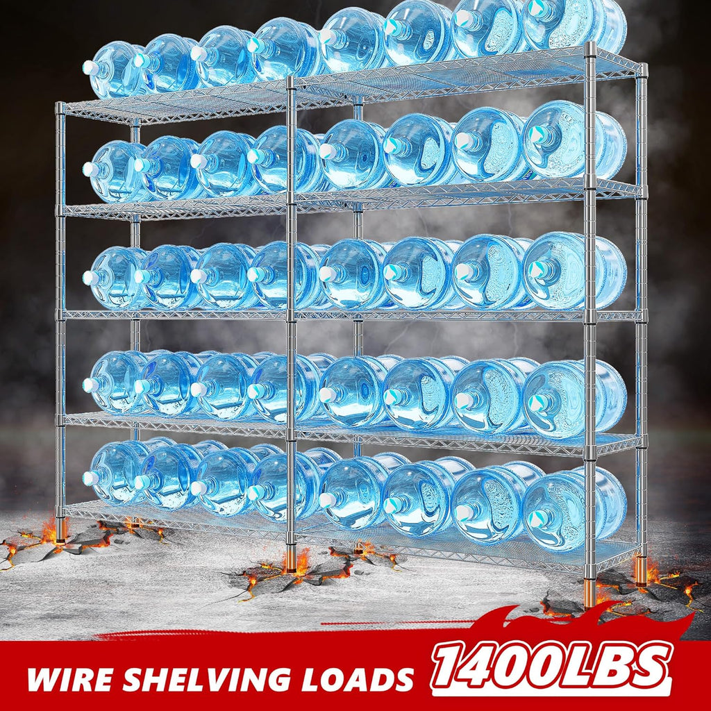 REIBII 58" W 5 Tier Heavy Duty Wire Shelving Unit with Adjustable Shelves - 1400LB Metal, Chrome - 58" W x 59" H x 13.8" D - Garage, Pantry, Kitchen