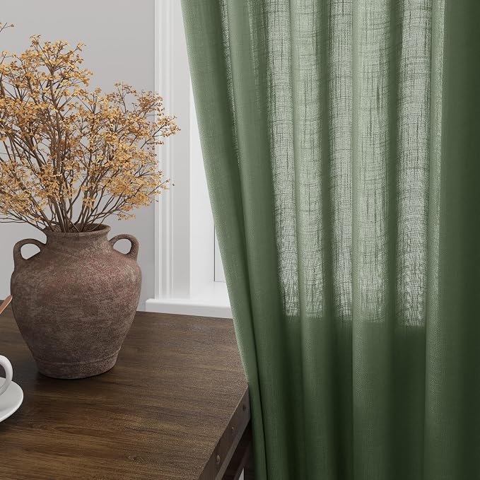 Olive Green Linen Curtains for Living Room 2 Panels Set 132 Inch Length Back - Image 2