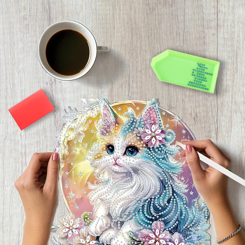 SENQAO Cat Diamond Art Hanging Kit for Adult, Special Shaped Rhinestone, Double Sided DIY Acrylic Diamond Art Painting Window Pendants Home Garden Wall Hanging Kits Hanging Ornament