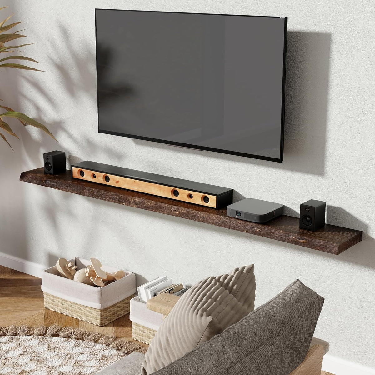 72" Floating Shelves, Live Edge Elm Wood Floating Shelf for Wall, Wall-Mounted Display Shelves with Invisible Heavy-Duty Bracket, Long Floating Shelf for Bathroom, Kitchen, Living Room, Walnut Color