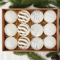 Christmas Ornaments Set of 12, 3.15" Flocked Velvet Balls with Hand Painted Designs, White Elegant Christmas Tree Decorations in Gift Box