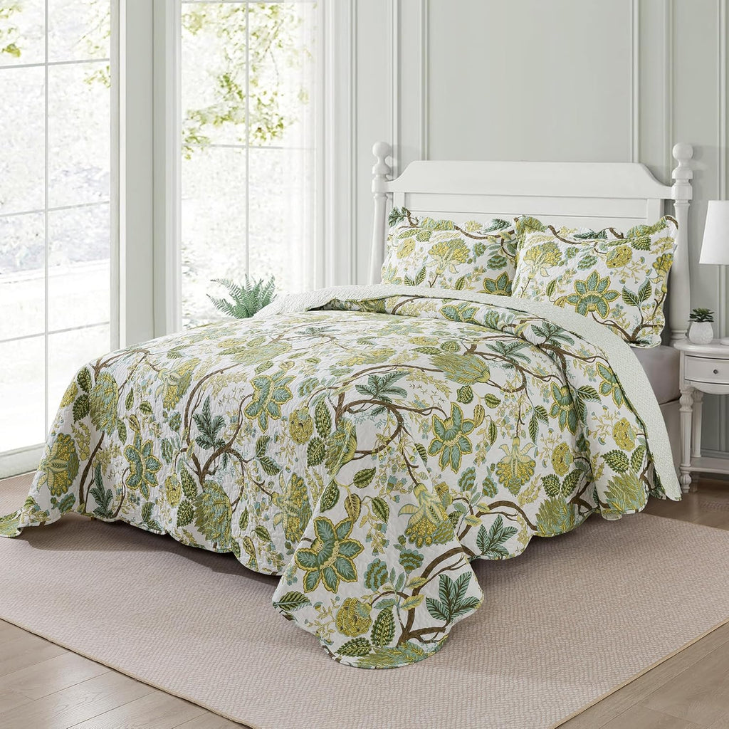 NEWLAKE Cotton Bedspread Quilt Sets - Reversible Patchwork Coverlet Set, Floral Vine Pattern, King Size