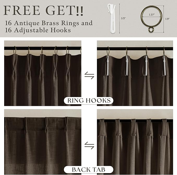 Dark Chocolate Linen Pinch Pleat Semi Sheer Vintage Curtains 105 Inch Long | - Image 6