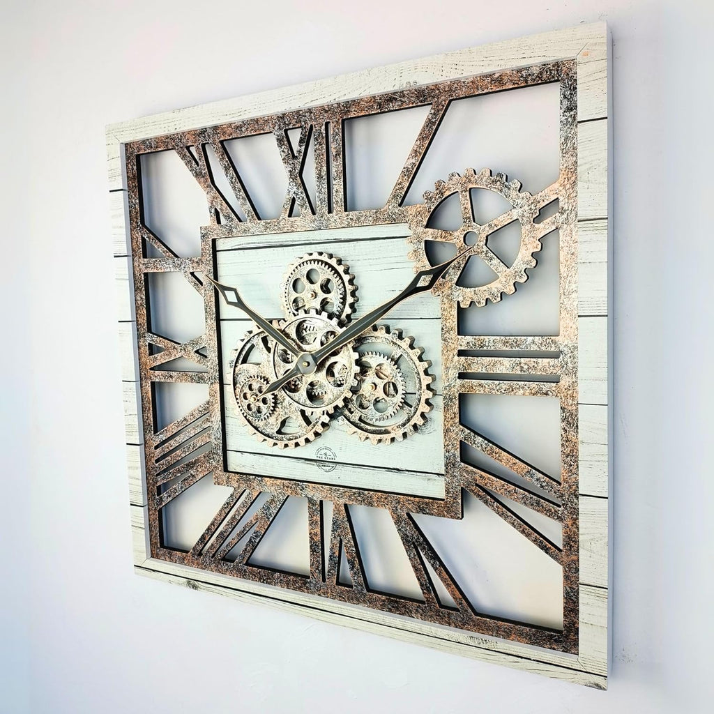 The Gears Clock 24'' Inch Square Real Moving Gear Wall Clock Vintage Industrial Oversized Rustic Farmhouse (White Farmhouse)