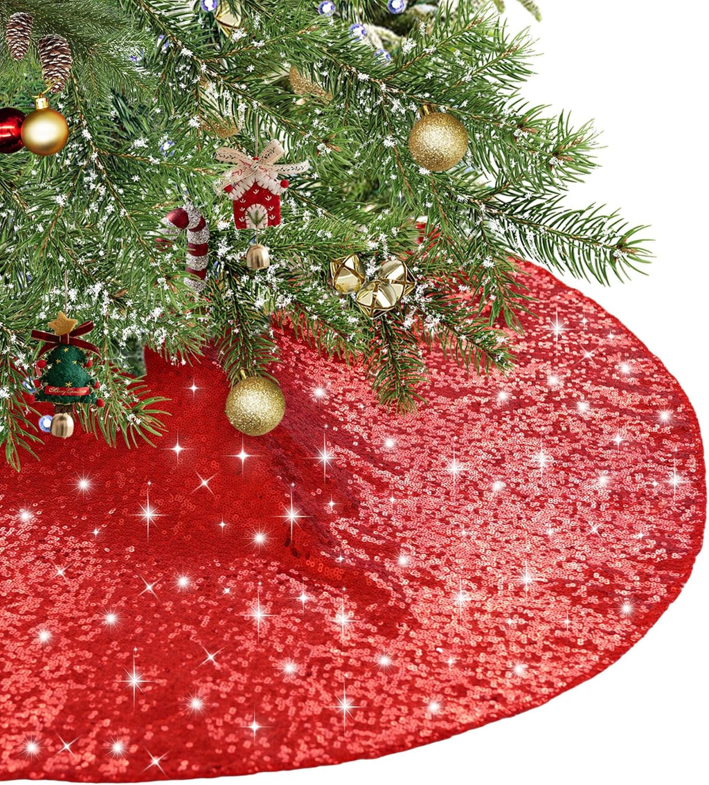 Eternal Beauty Christmas Tree Skirt, 24 Inch Red Sequin Tree Skirt Small Xmas Tree Skirt for Christmas Tree Decorations