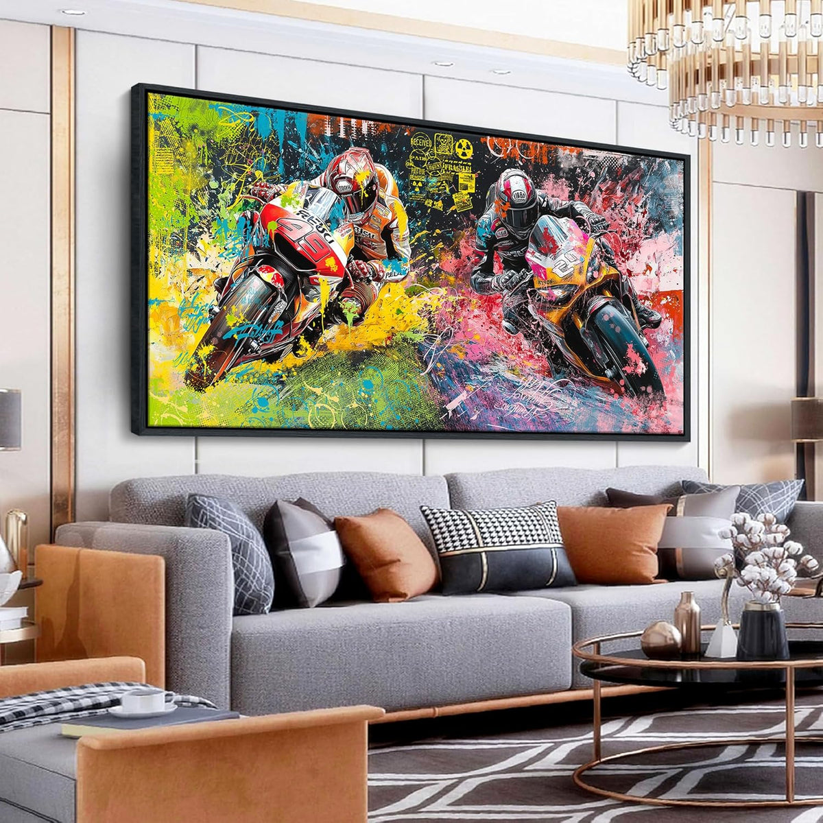 JEAWA Framed Canvas Wall Art - Large Abstract Painting Decor, Motorcycle Racing Color Graffiti Pictures, Modern Art Prints for Bedroom Living Room Bathroom Home Decoration, 29x58 IN