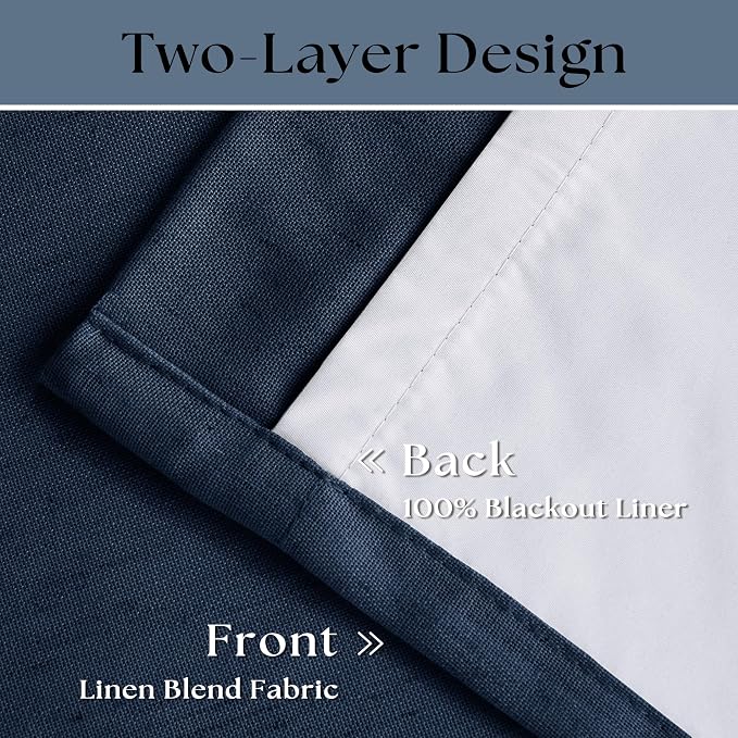 Navy Blue Pleated Linen Blackout 102 Inch Curtains - Image 4