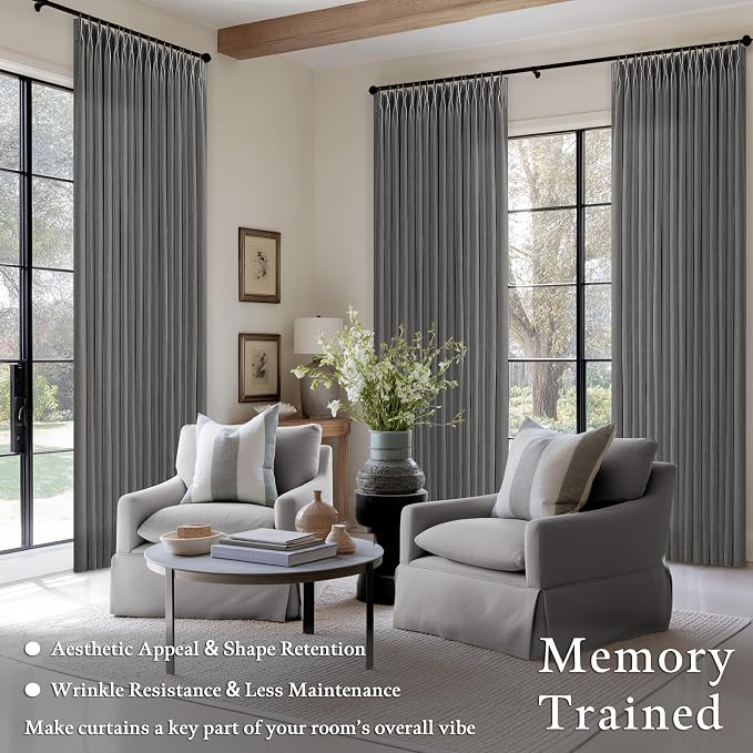 Dark Grey Light Filtering Pleated Linen Curtains 120 Inches Long 2 Panels | - Image 2