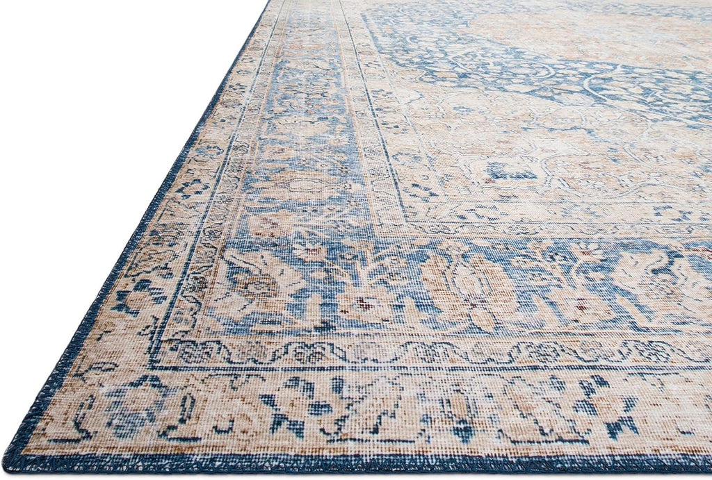 Loloi Layla Collection LAY-07 Blue/Tangerine 2'-6" x 9'-6" .13" Thick Runner Rug, Soft, Durable, Vintage Inspired, Distressed, Low Pile, Non-Shedding, Easy Clean, Printed, Living Room Rug