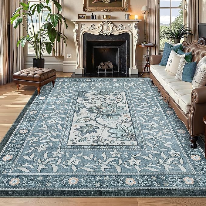 GarveeHome Provence Area Rugs 9x12 Living Room, Botanical Grove Retro Blue by GarveeHome
