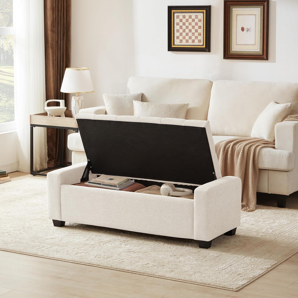 48" Ottoman with Storage, Storage Ottoman Bench with Safety Hinge, Upholstered Entryway Bench with Seating for Bedroom, Living Room, Holds up to 330 lb, Beige